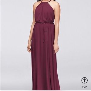 Burgundy David’s bridal dress